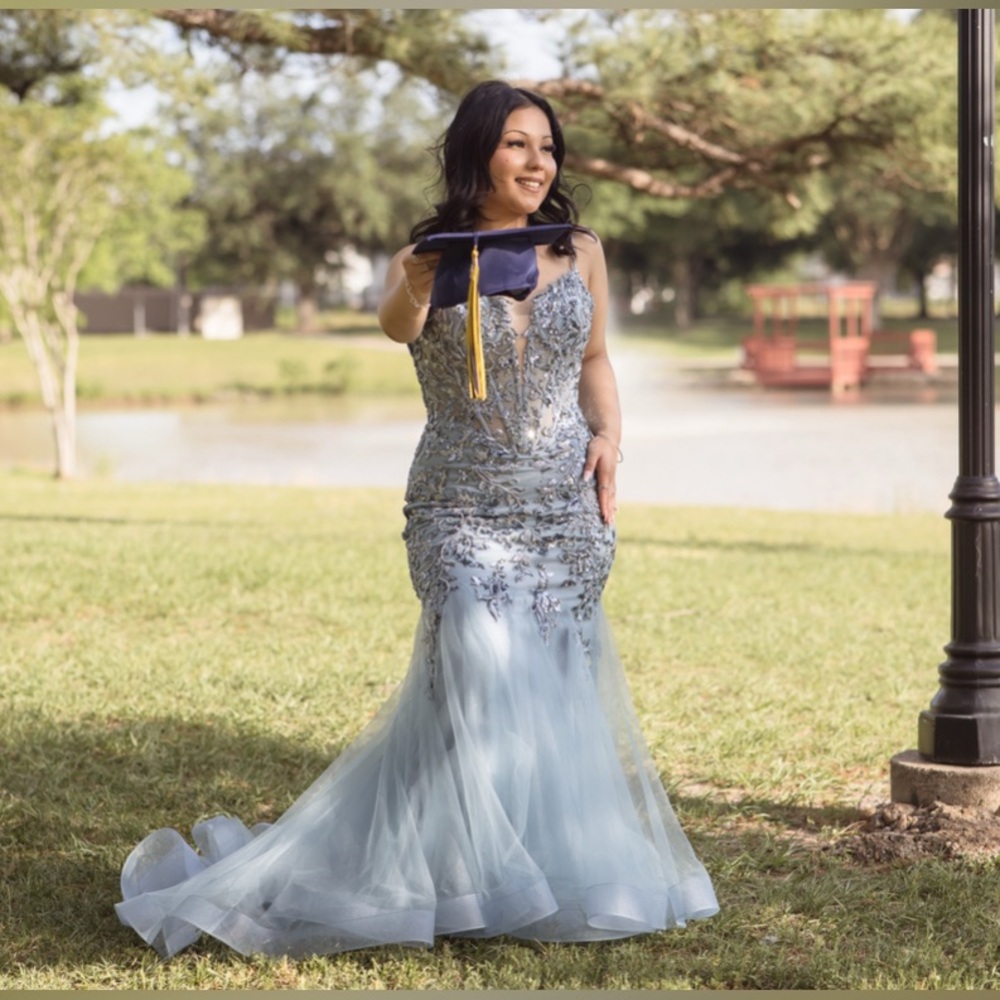 Sophisticated Light Blue Lace Prom Gown